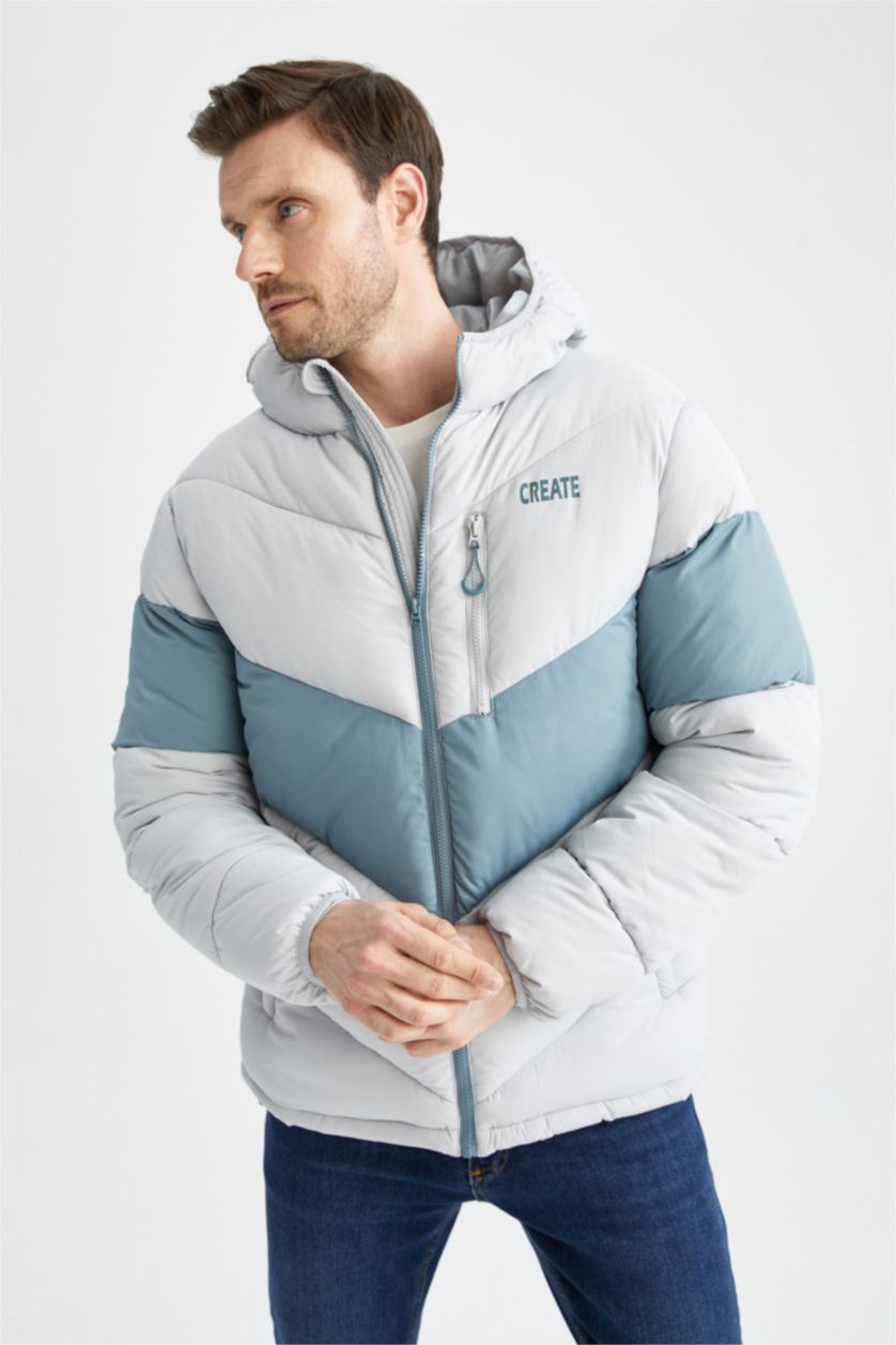 Erkek Açık Gri Rüzgar Geçirmez Su itici Kapüşonlu Mont