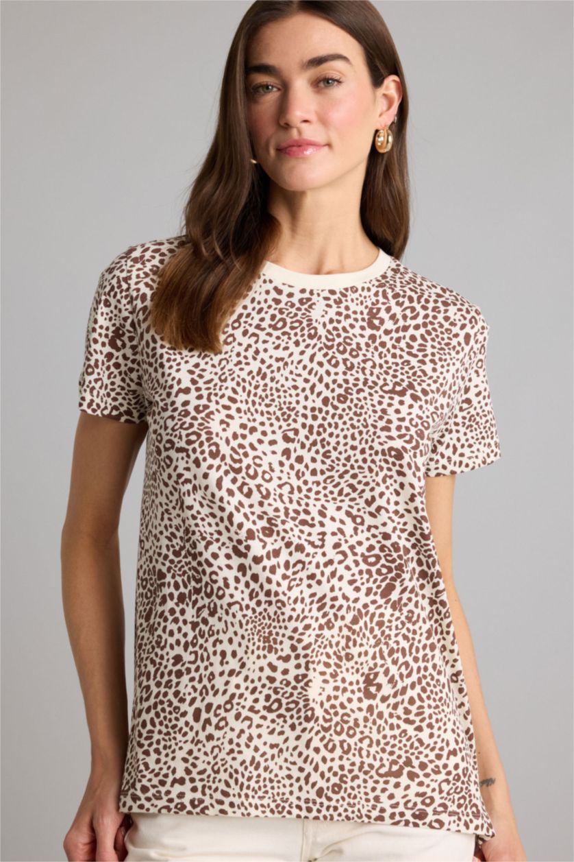 Женщины Бежевый Трикотажная футболка Long Fit с круглым вырезом принтом-слоганом и коротким рукавом