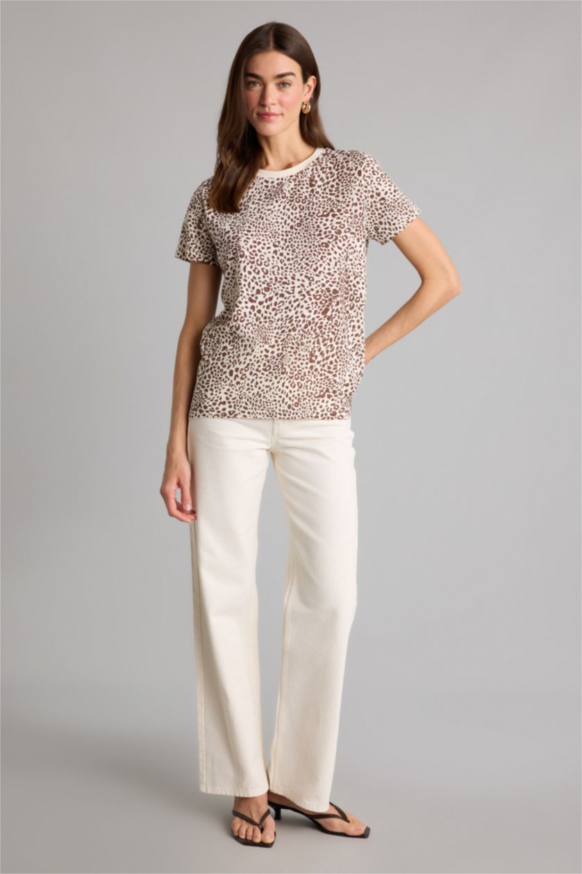 Женщины Бежевый Трикотажная футболка Long Fit с круглым вырезом принтом-слоганом и коротким рукавом