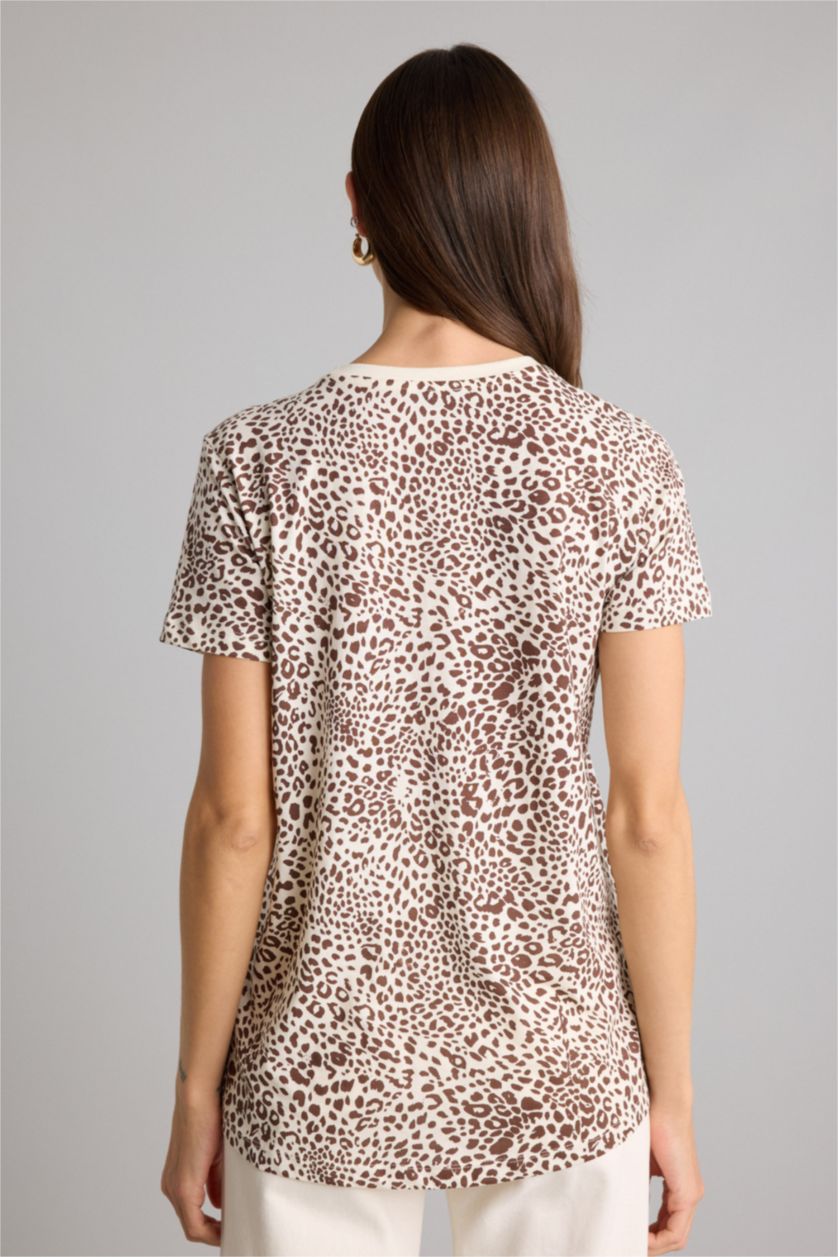 Женщины Бежевый Трикотажная футболка Long Fit с круглым вырезом принтом-слоганом и коротким рукавом