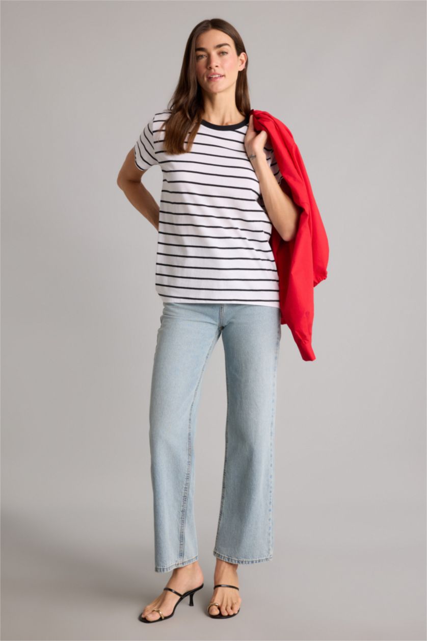 Woman Violet Beyaz Long Fit Crew Neck Slogan Print Cotton T-Shirt