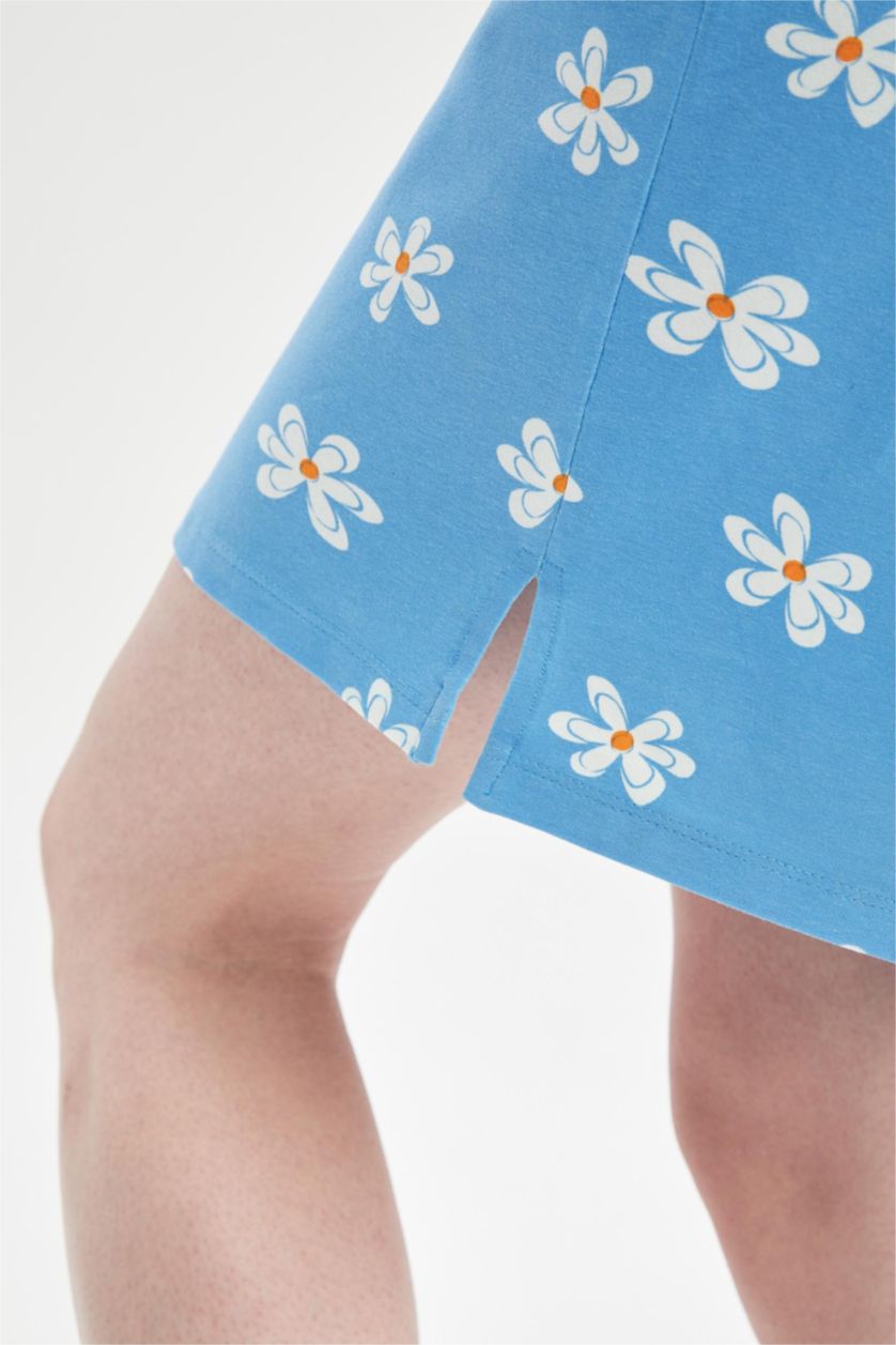 نساء أزرق فستان صيفي قصير مزين بالزهور بياقة مربعة ومزين بنقشة الزهور