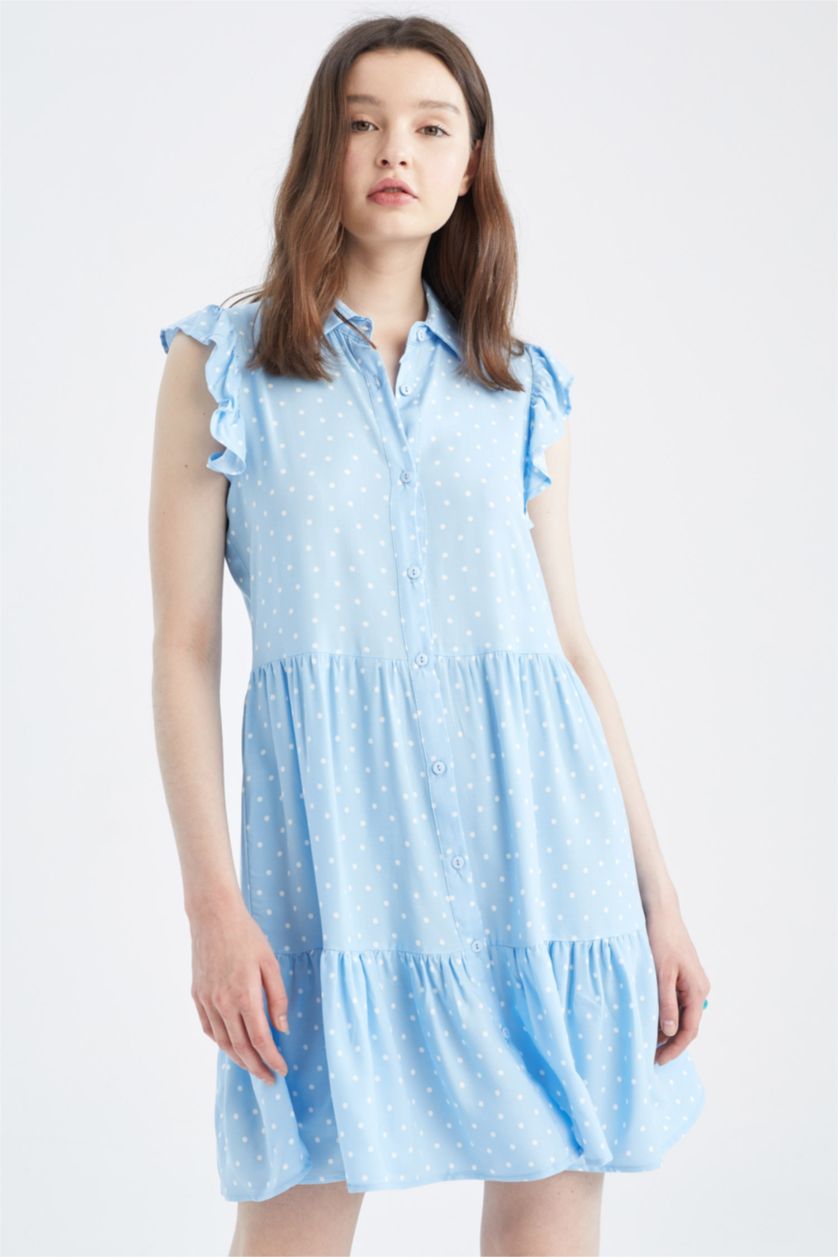 FEMME Bleu Mini robe tissée à manches courtes et col chemise