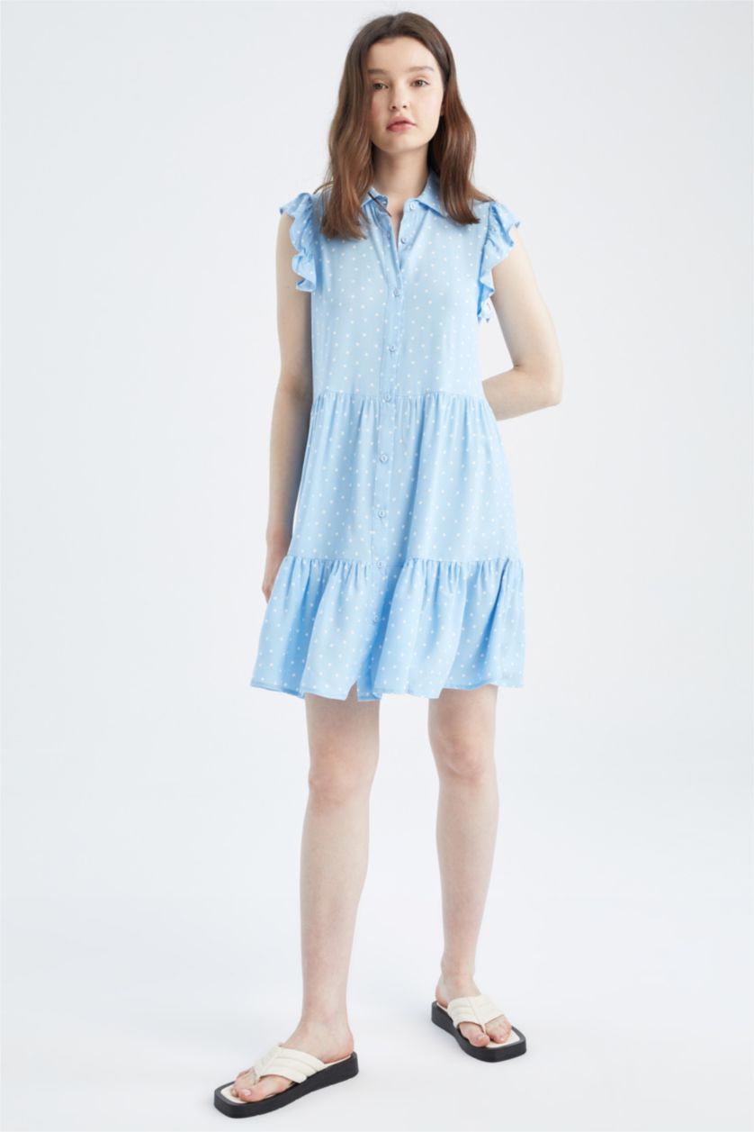 FEMME Bleu Mini robe tissée à manches courtes et col chemise