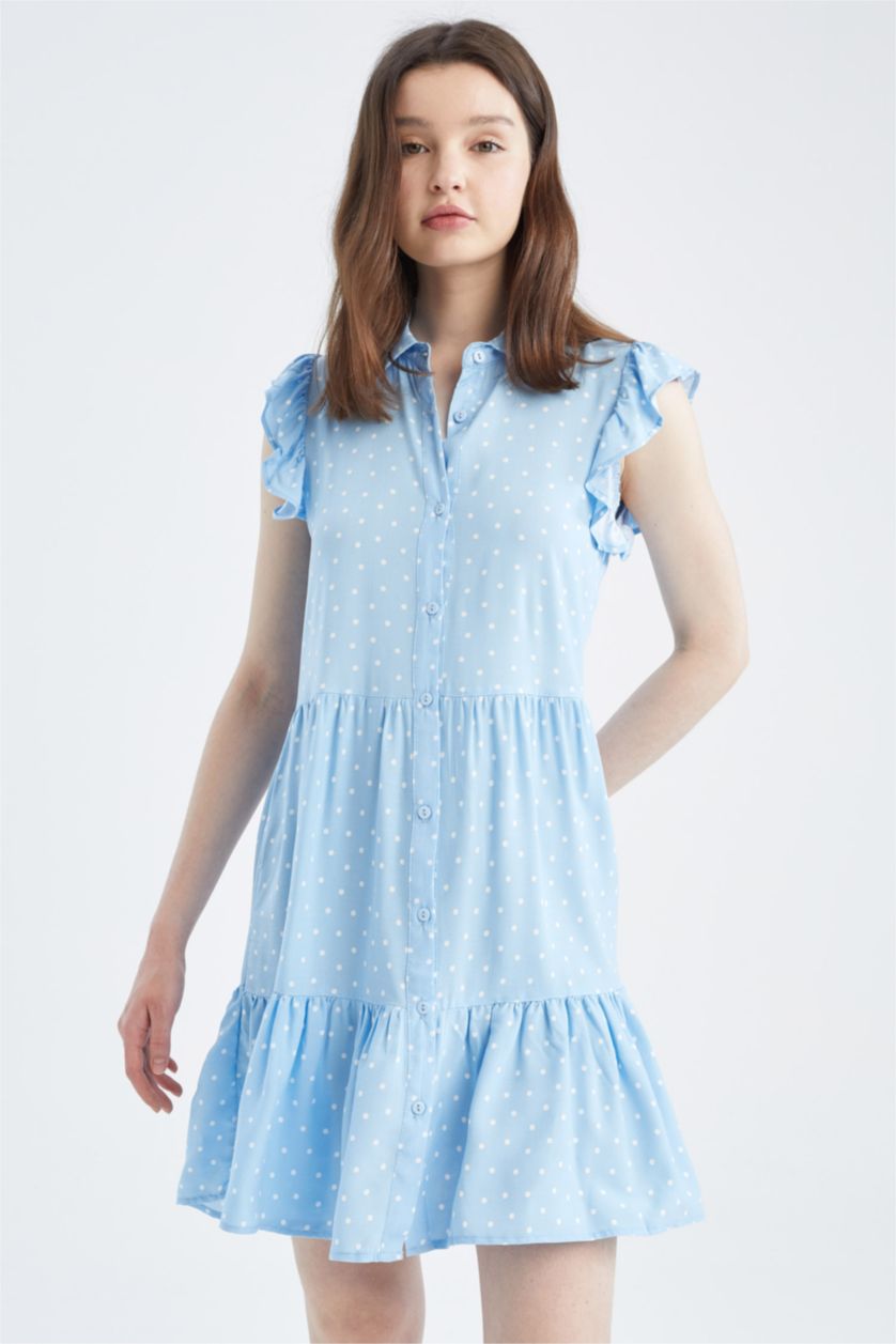 FEMME Bleu Mini robe tissée à manches courtes et col chemise