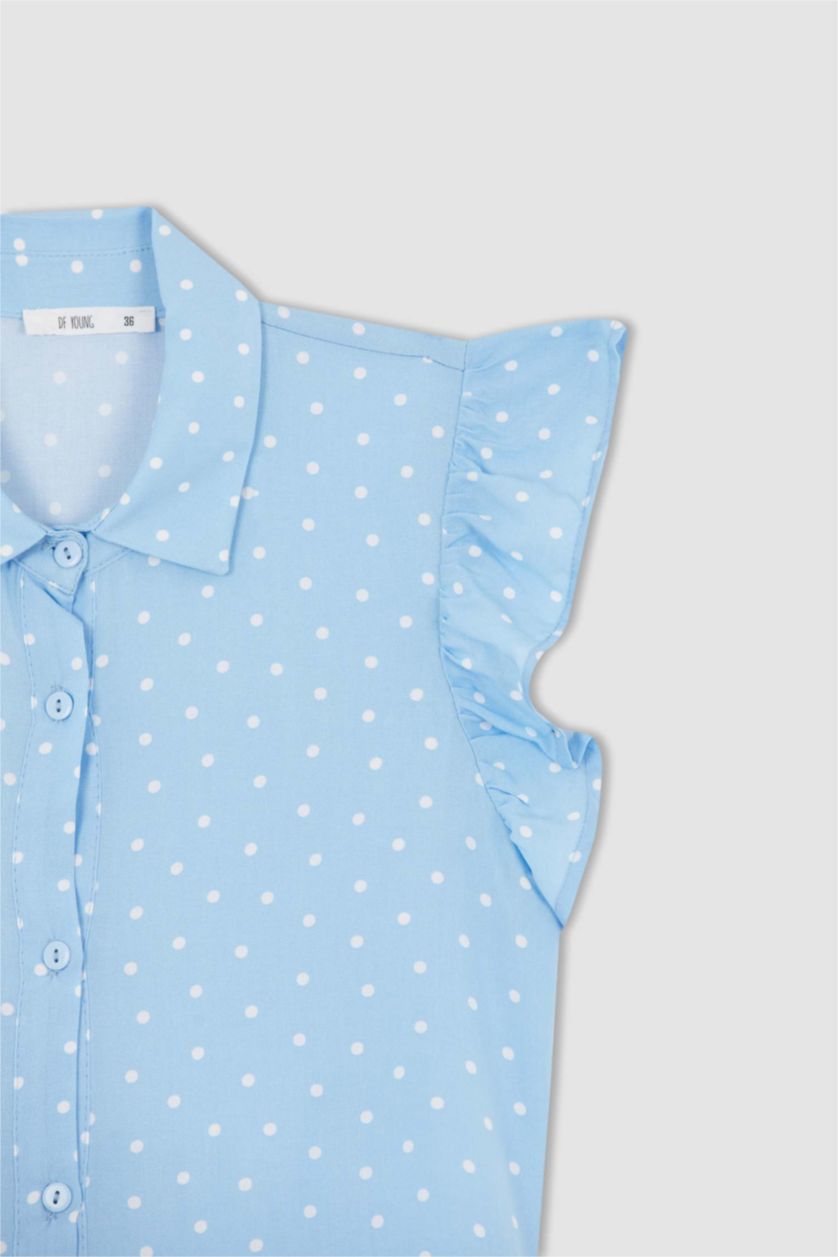 FEMME Bleu Mini robe tissée à manches courtes et col chemise