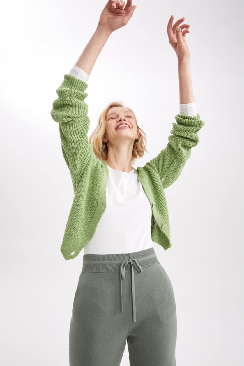 WOMAN Light Green Regular Fit V-Neck Cardigan