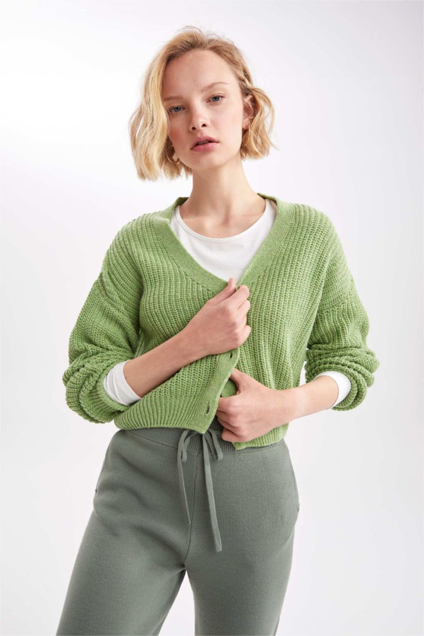 WOMAN Light Green Regular Fit V-Neck Cardigan