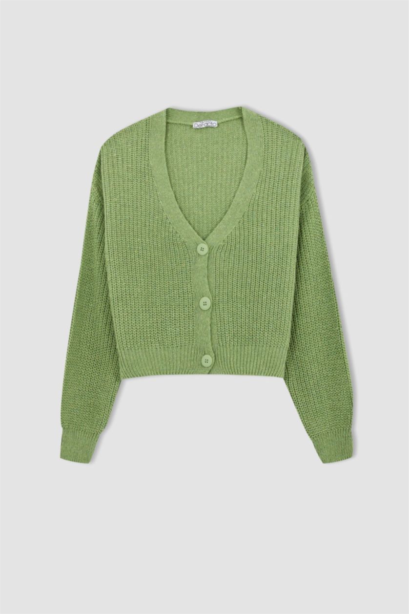 WOMAN Light Green Regular Fit V-Neck Cardigan