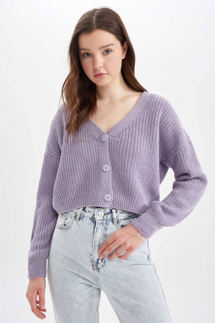 WOMAN Light Lilac Regular Fit V Neck Reversible Buttoned Knitwear Cardigan