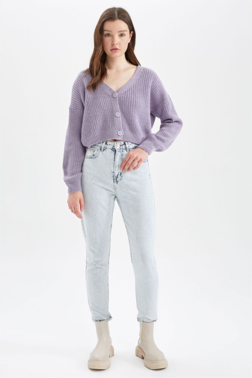 WOMAN Light Lilac Regular Fit V Neck Reversible Buttoned Knitwear Cardigan