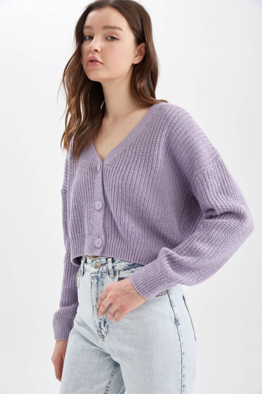 WOMAN Light Lilac Regular Fit V Neck Reversible Buttoned Knitwear Cardigan