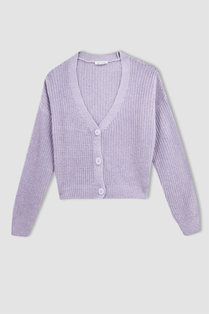 WOMAN Light Lilac Regular Fit V Neck Reversible Buttoned Knitwear Cardigan
