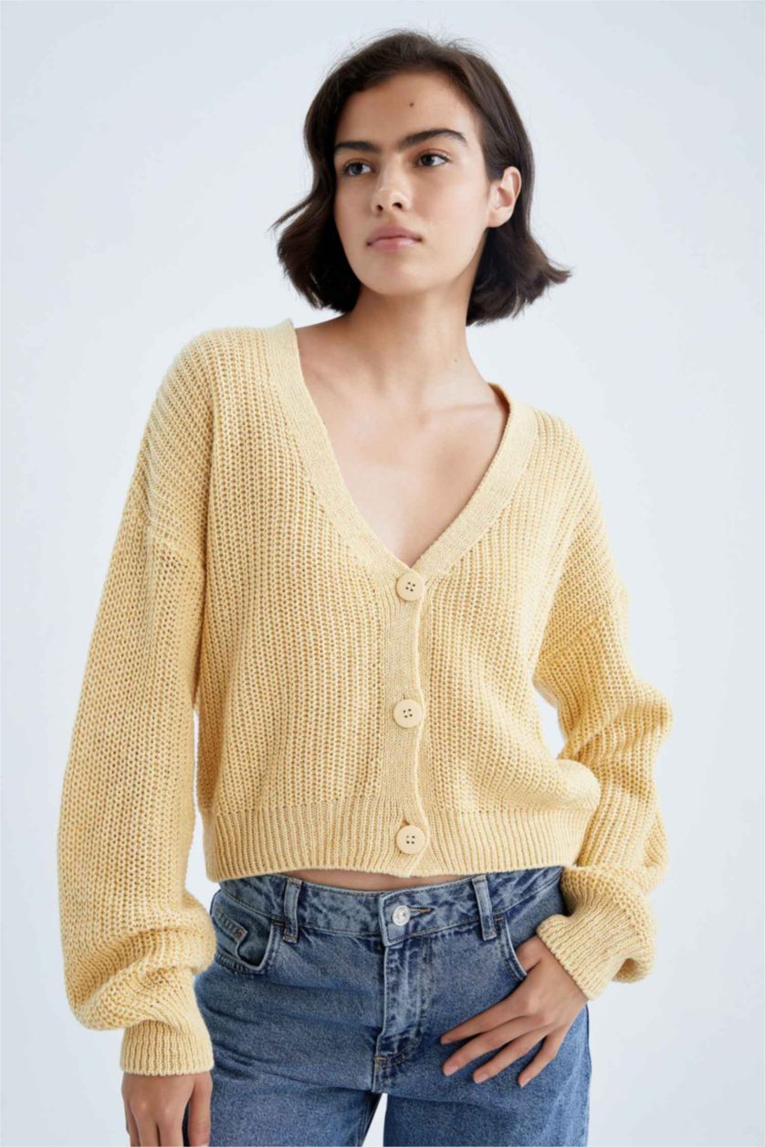 FEMME Jaune Clair Cardigan en tricot boutonné réversible à col en V coupe classique
