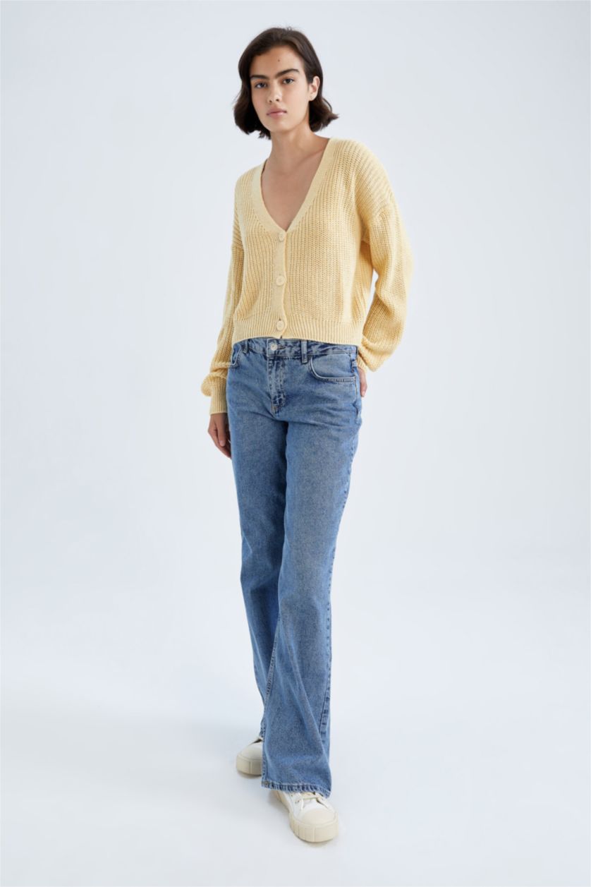 FEMME Jaune Clair Cardigan en tricot boutonné réversible à col en V coupe classique