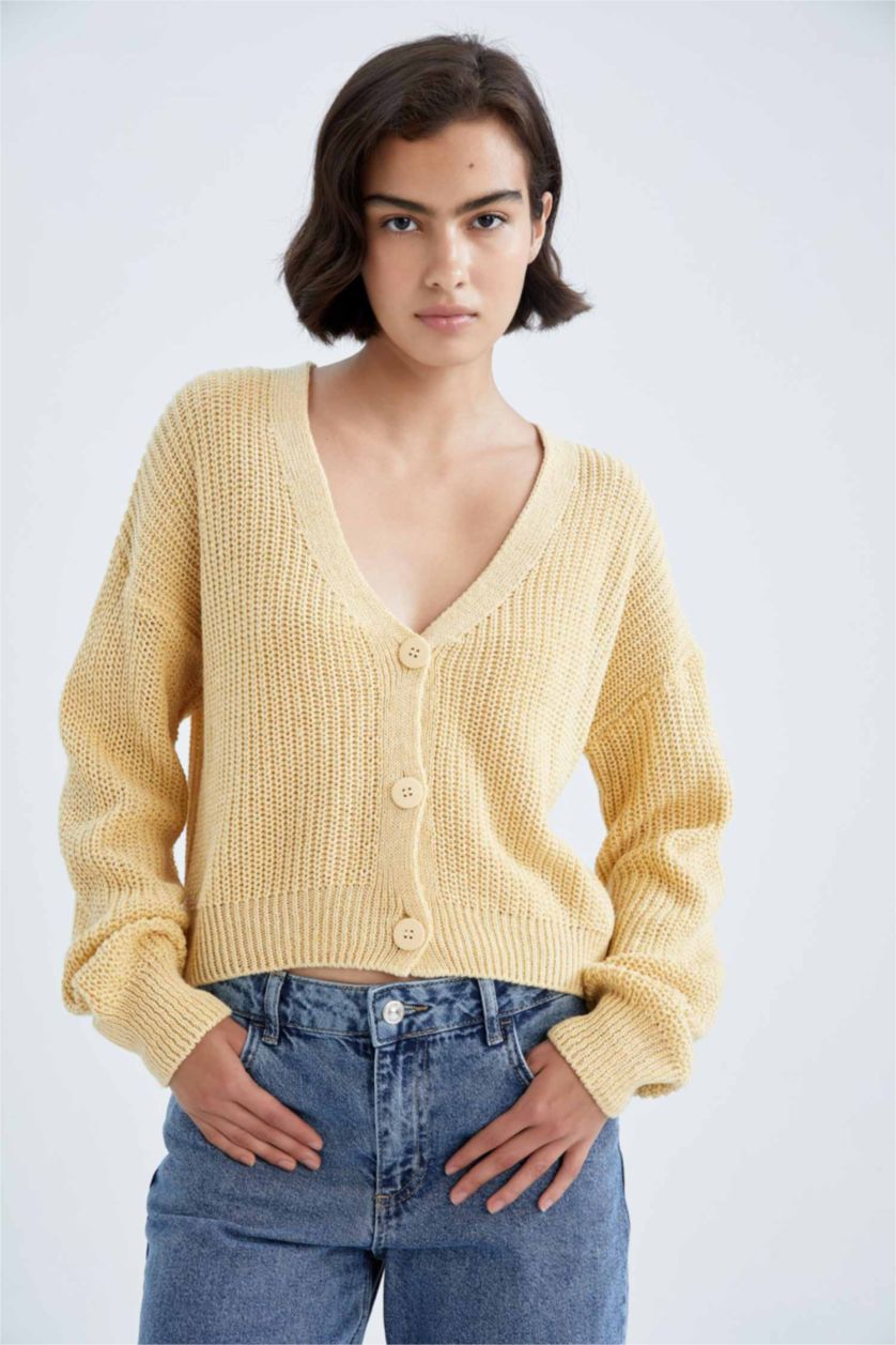 FEMME Jaune Clair Cardigan en tricot boutonné réversible à col en V coupe classique