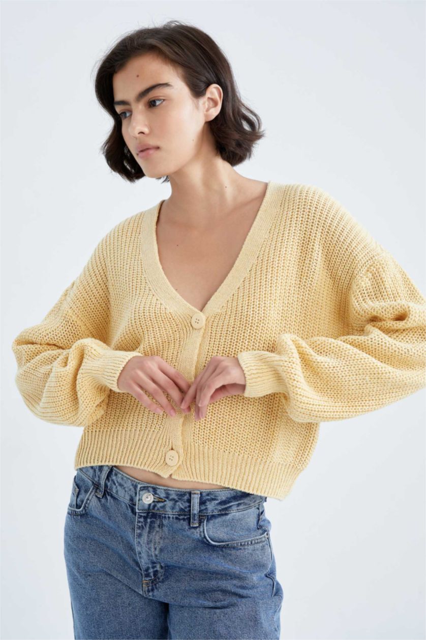 FEMME Jaune Clair Cardigan en tricot boutonné réversible à col en V coupe classique