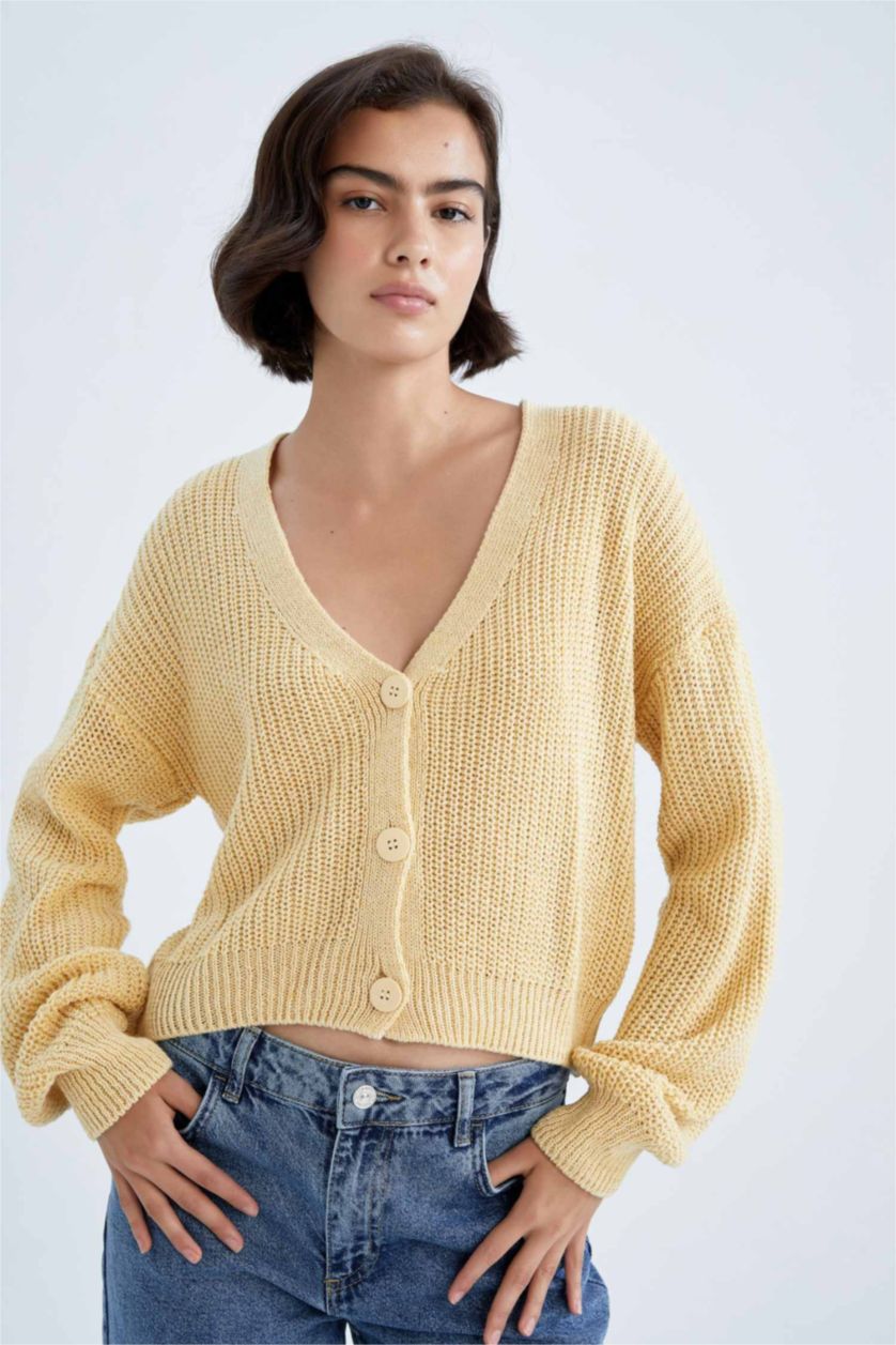 FEMME Jaune Clair Cardigan en tricot boutonné réversible à col en V coupe classique