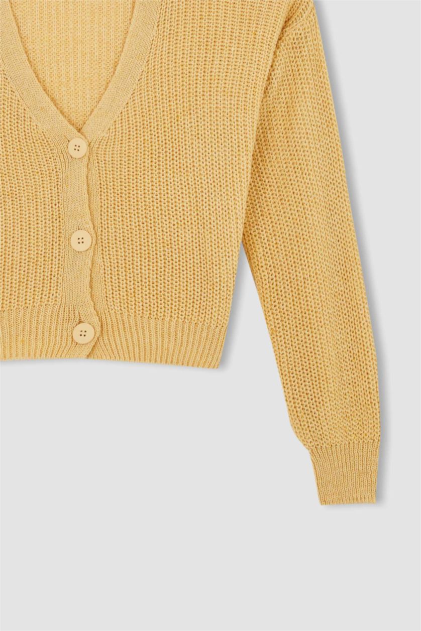 FEMME Jaune Clair Cardigan en tricot boutonné réversible à col en V coupe classique