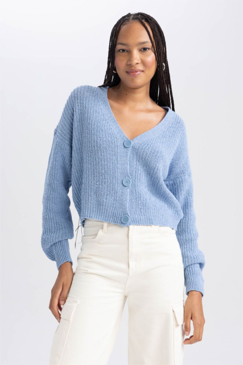 FEMME Bleu Cardigan Coupe Régulière Col En V