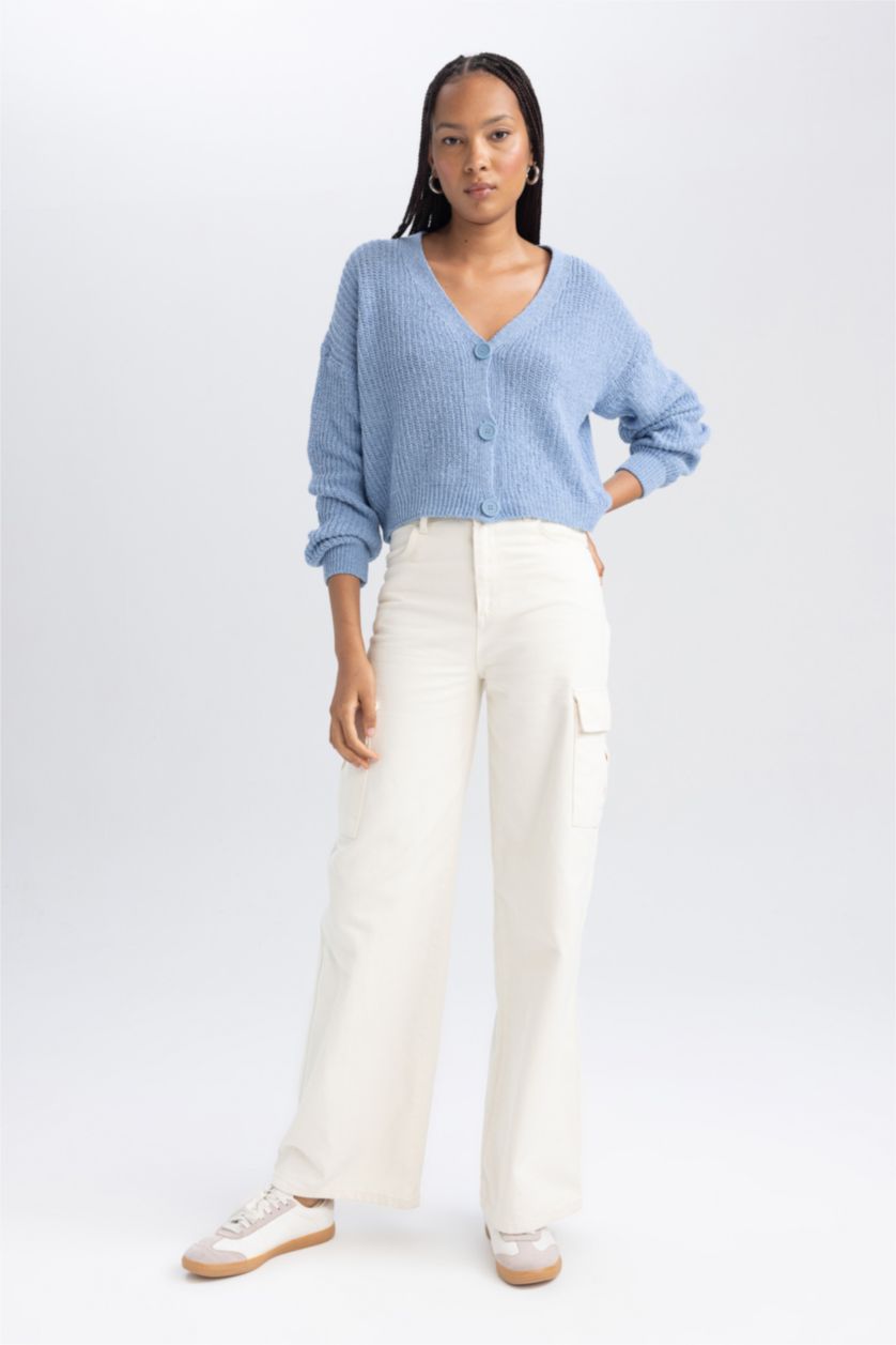 FEMME Bleu Cardigan Coupe Régulière Col En V