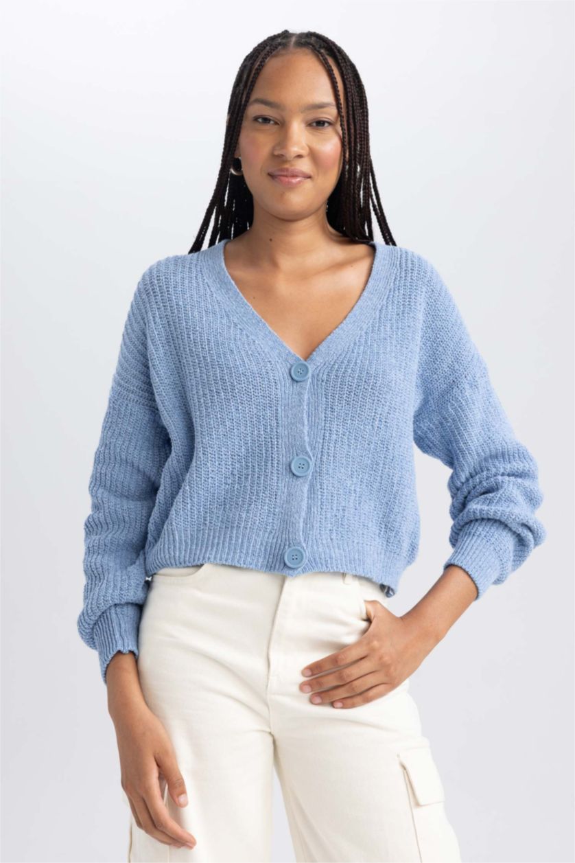 FEMME Bleu Cardigan Coupe Régulière Col En V