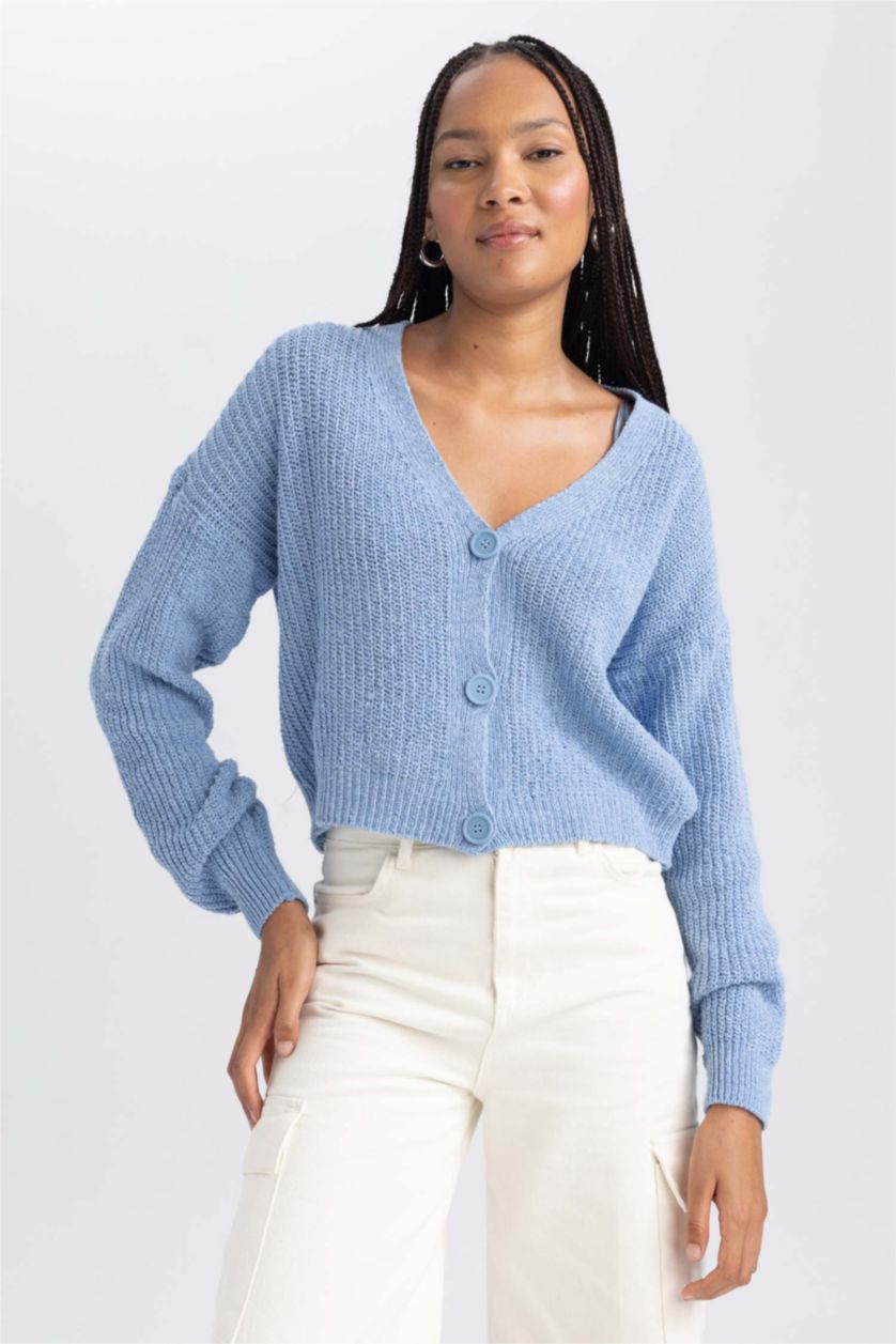 FEMME Bleu Cardigan Coupe Régulière Col En V
