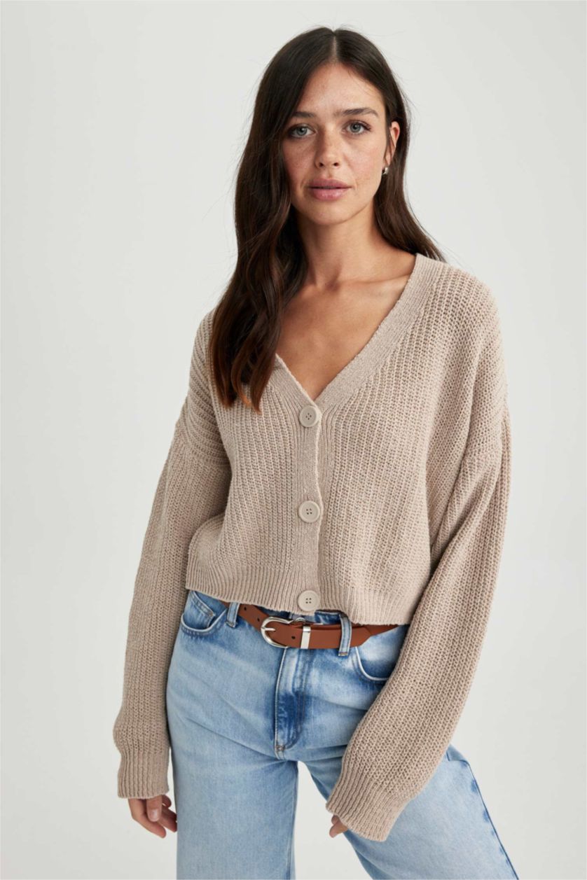FEMME Beige Cardigan Coupe Régulière Col En V
