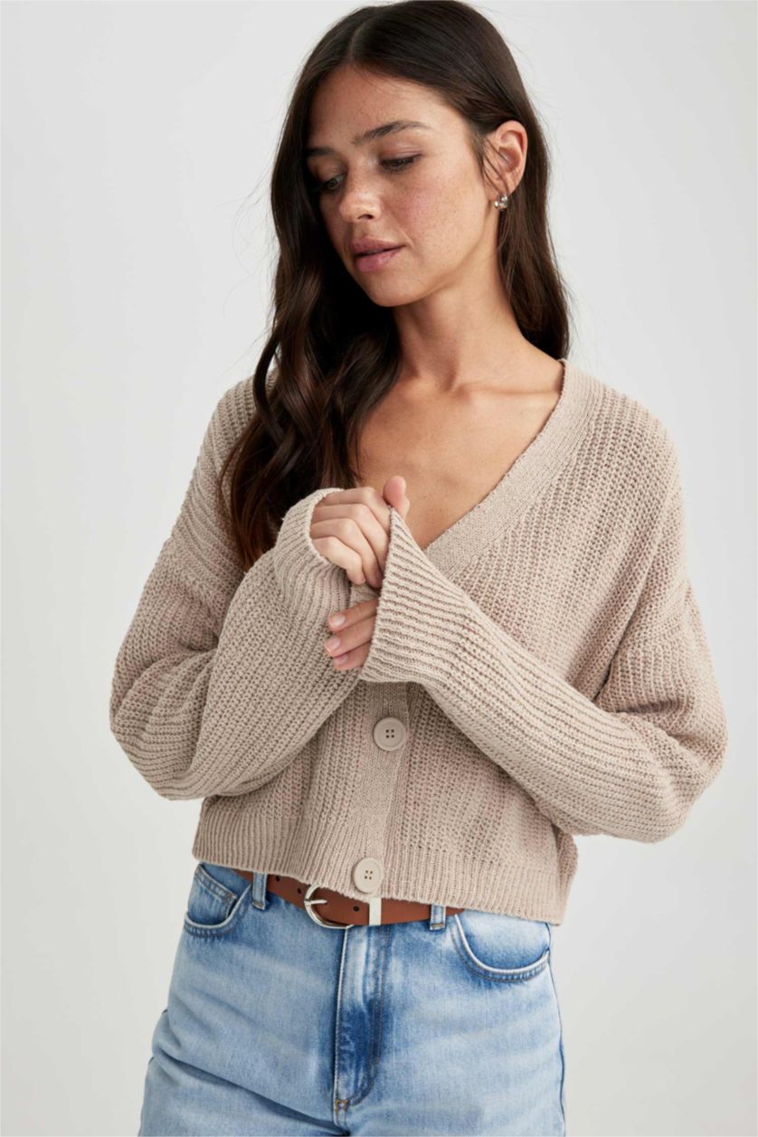 FEMME Beige Cardigan Coupe Régulière Col En V