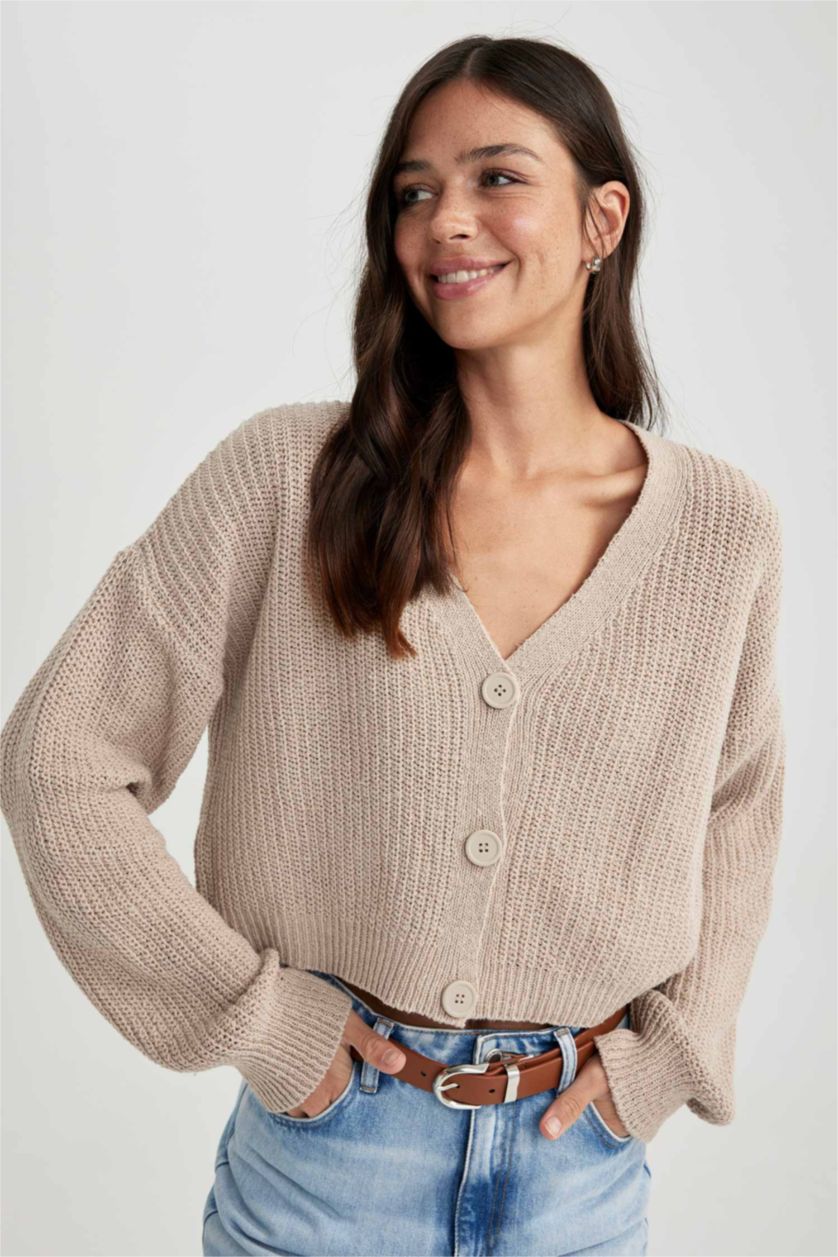 FEMME Beige Cardigan Coupe Régulière Col En V
