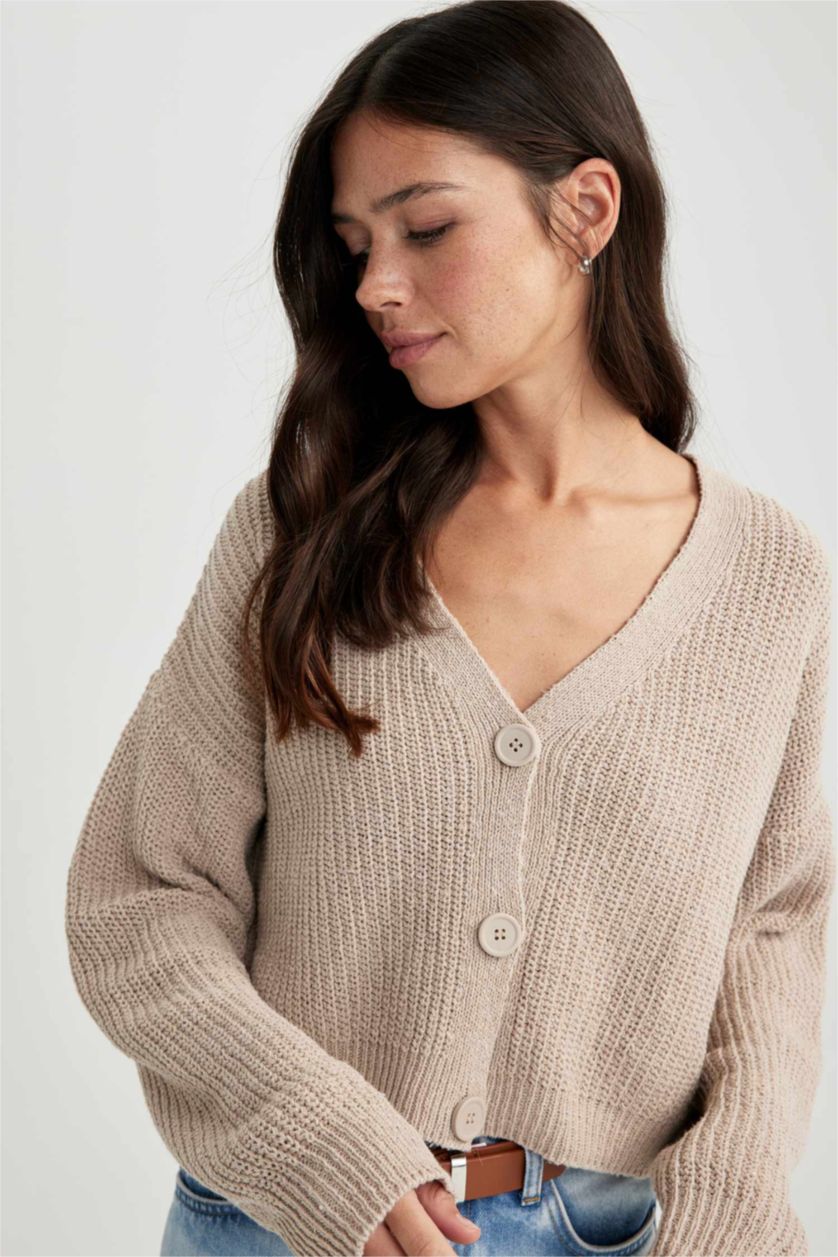 FEMME Beige Cardigan Coupe Régulière Col En V