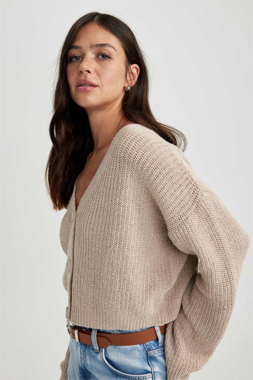 FEMME Beige Cardigan Coupe Régulière Col En V