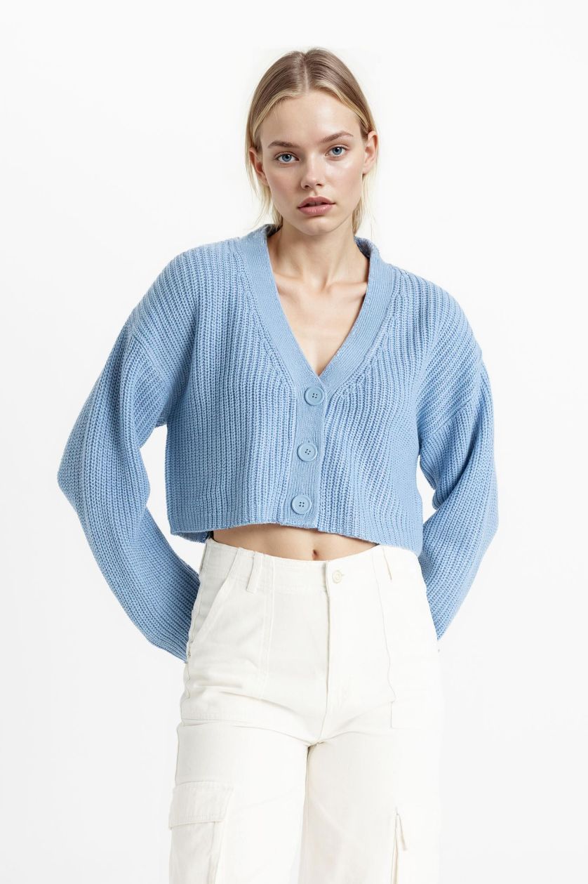 Kadın Açık Mavi Basıc Düğmeli Triko Hırka