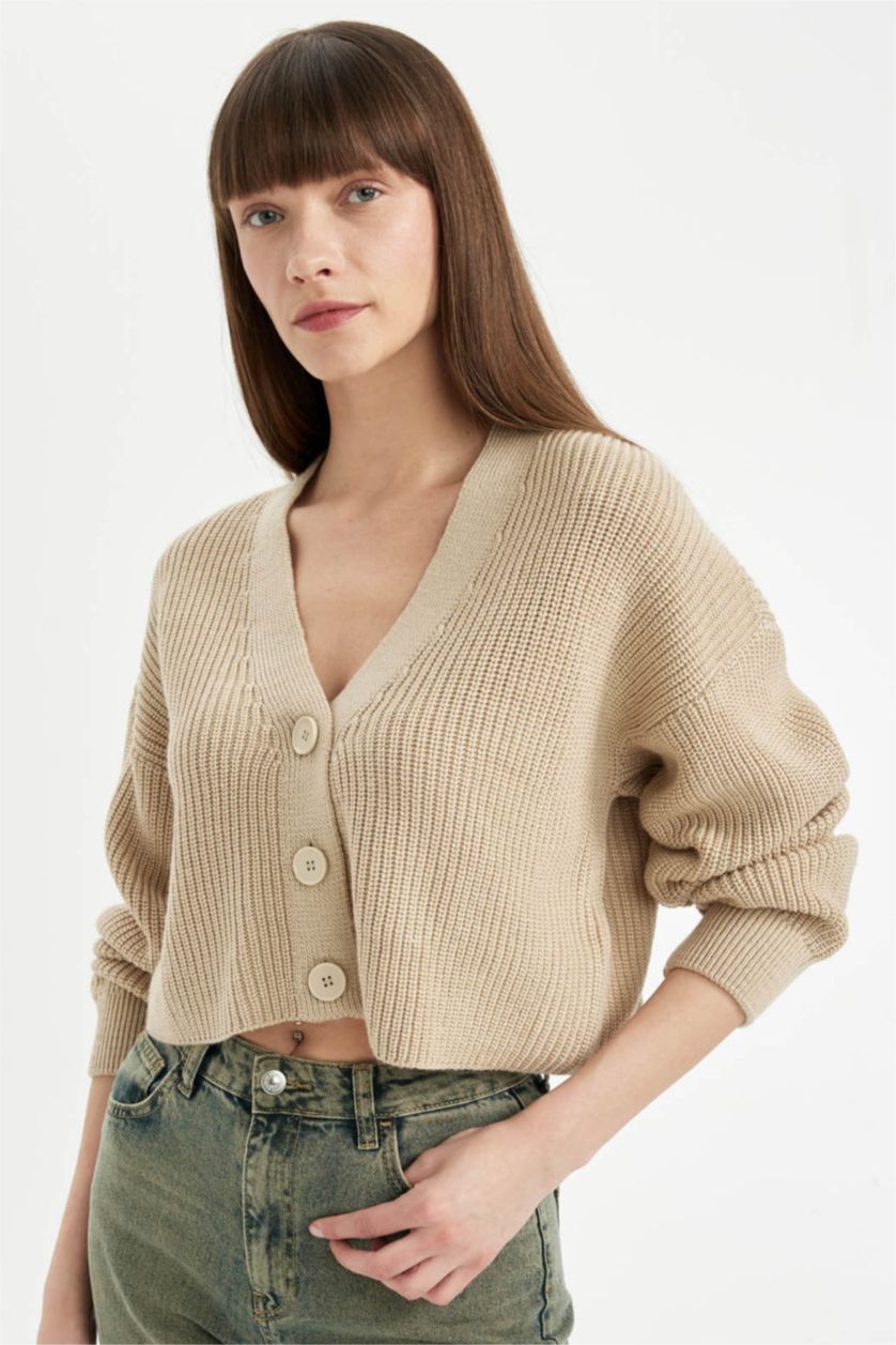 Kadın Taş Regular Fit V Yaka Basic Düz Düğmeli Triko Hırka