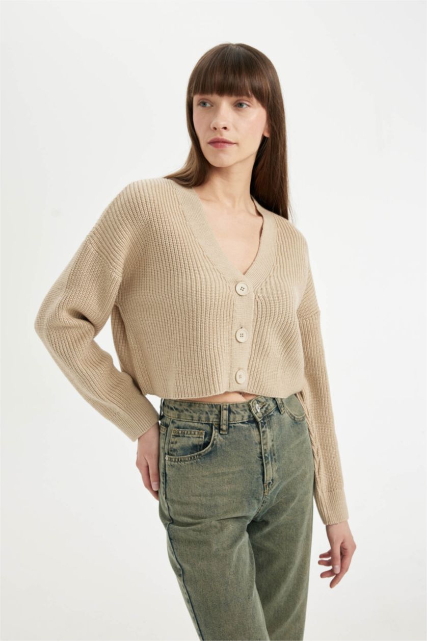 Kadın Taş Regular Fit V Yaka Basic Düz Düğmeli Triko Hırka