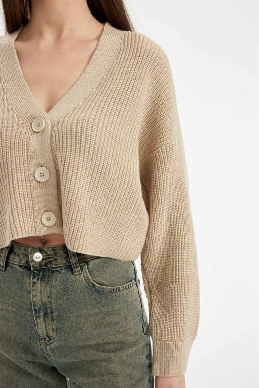 Kadın Taş Regular Fit V Yaka Basic Düz Düğmeli Triko Hırka