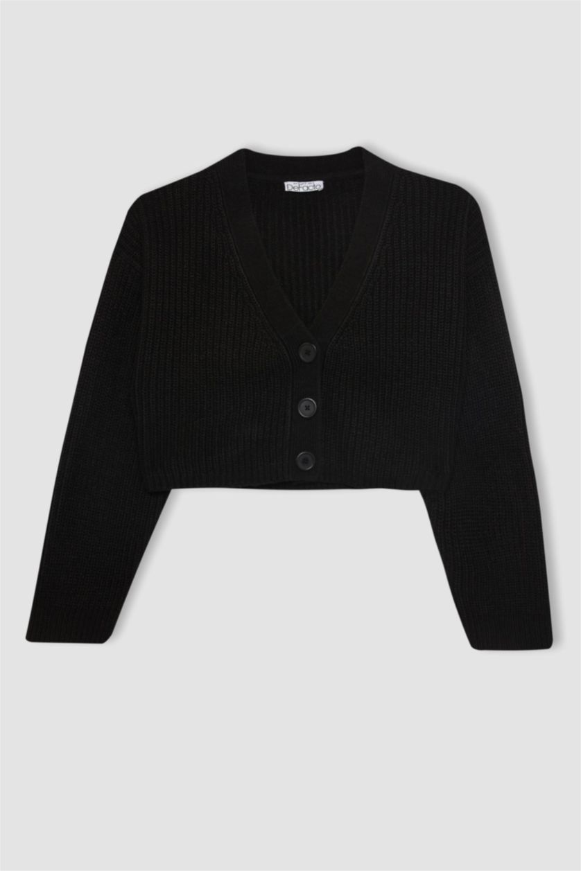 Kadın Siyah Regular Fit V Yaka Basic Düz Düğmeli Triko Hırka