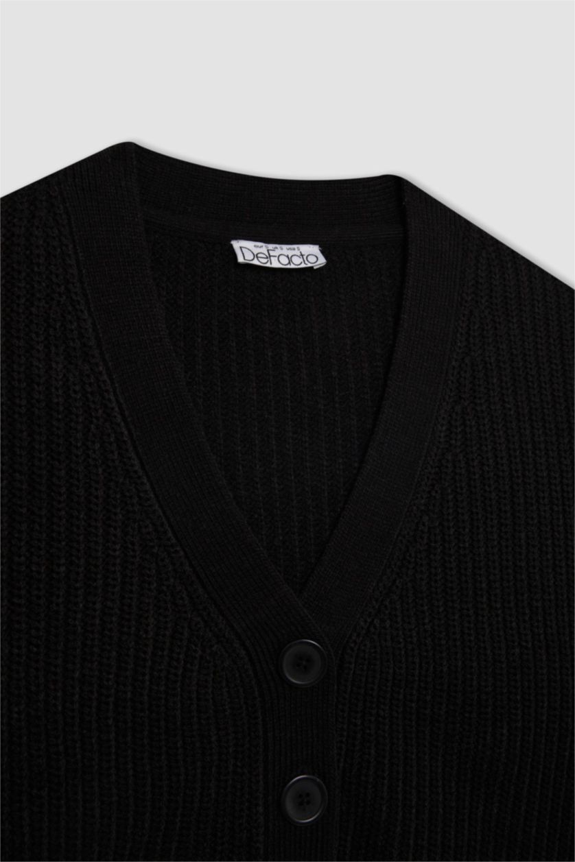 Kadın Siyah Regular Fit V Yaka Basic Düz Düğmeli Triko Hırka