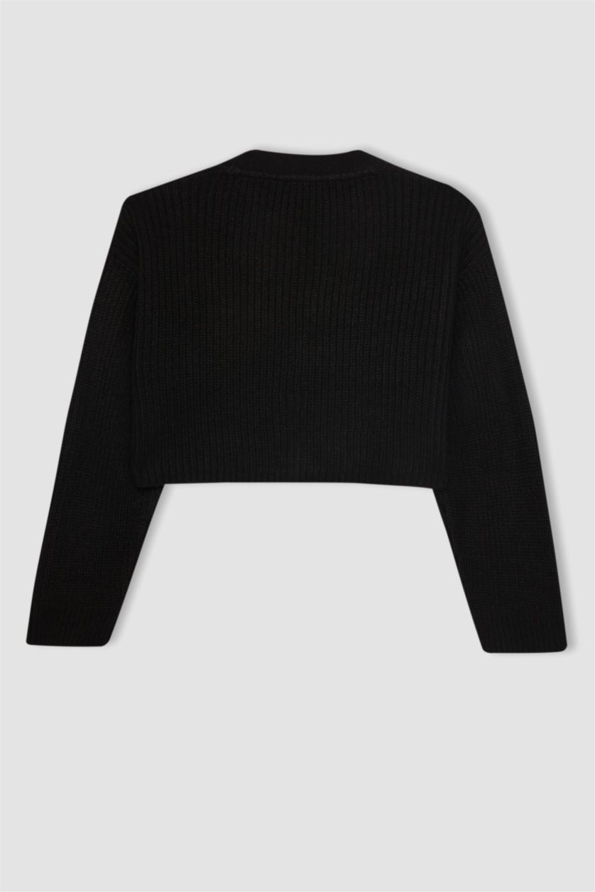 Kadın Siyah Regular Fit V Yaka Basic Düz Düğmeli Triko Hırka