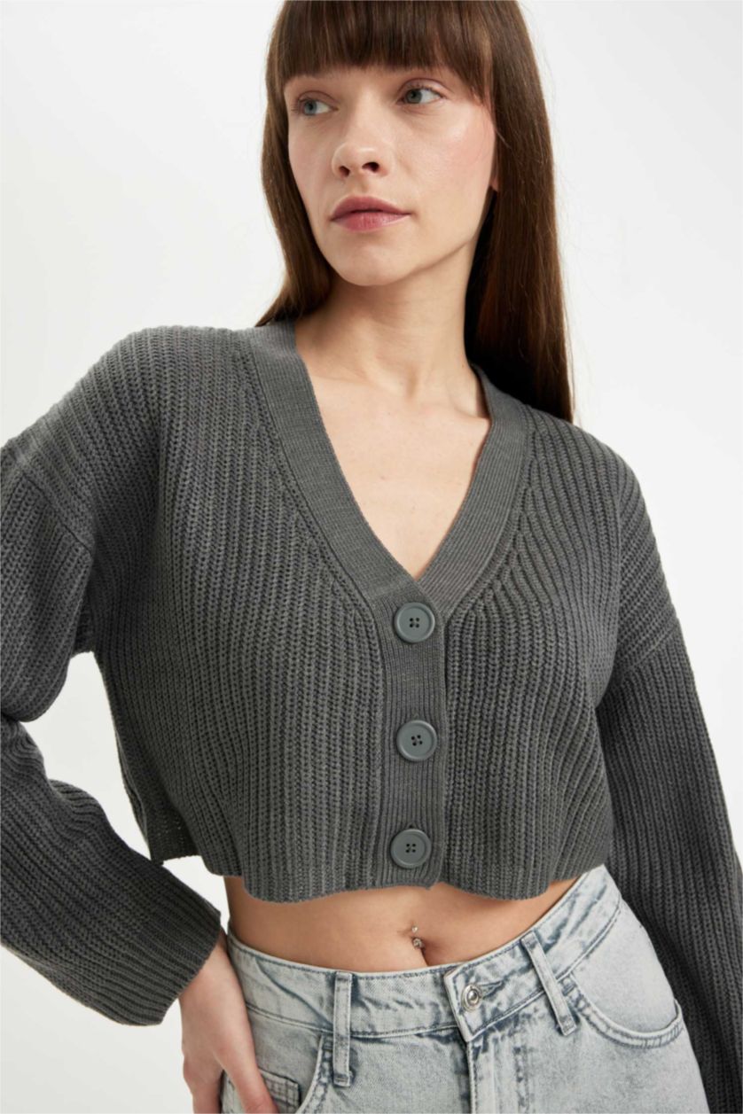 FEMME Gris Clair Cardigan en tricot Basique à col en V et boutons Coupe régulière