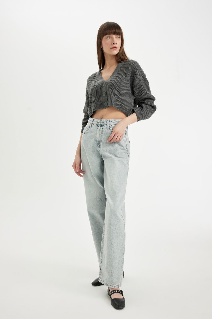 FEMME Gris Clair Cardigan en tricot Basique à col en V et boutons Coupe régulière