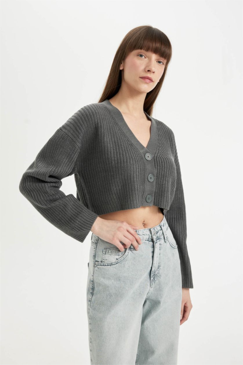 FEMME Gris Clair Cardigan en tricot Basique à col en V et boutons Coupe régulière
