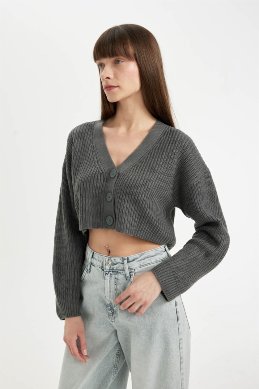FEMME Gris Clair Cardigan en tricot Basique à col en V et boutons Coupe régulière