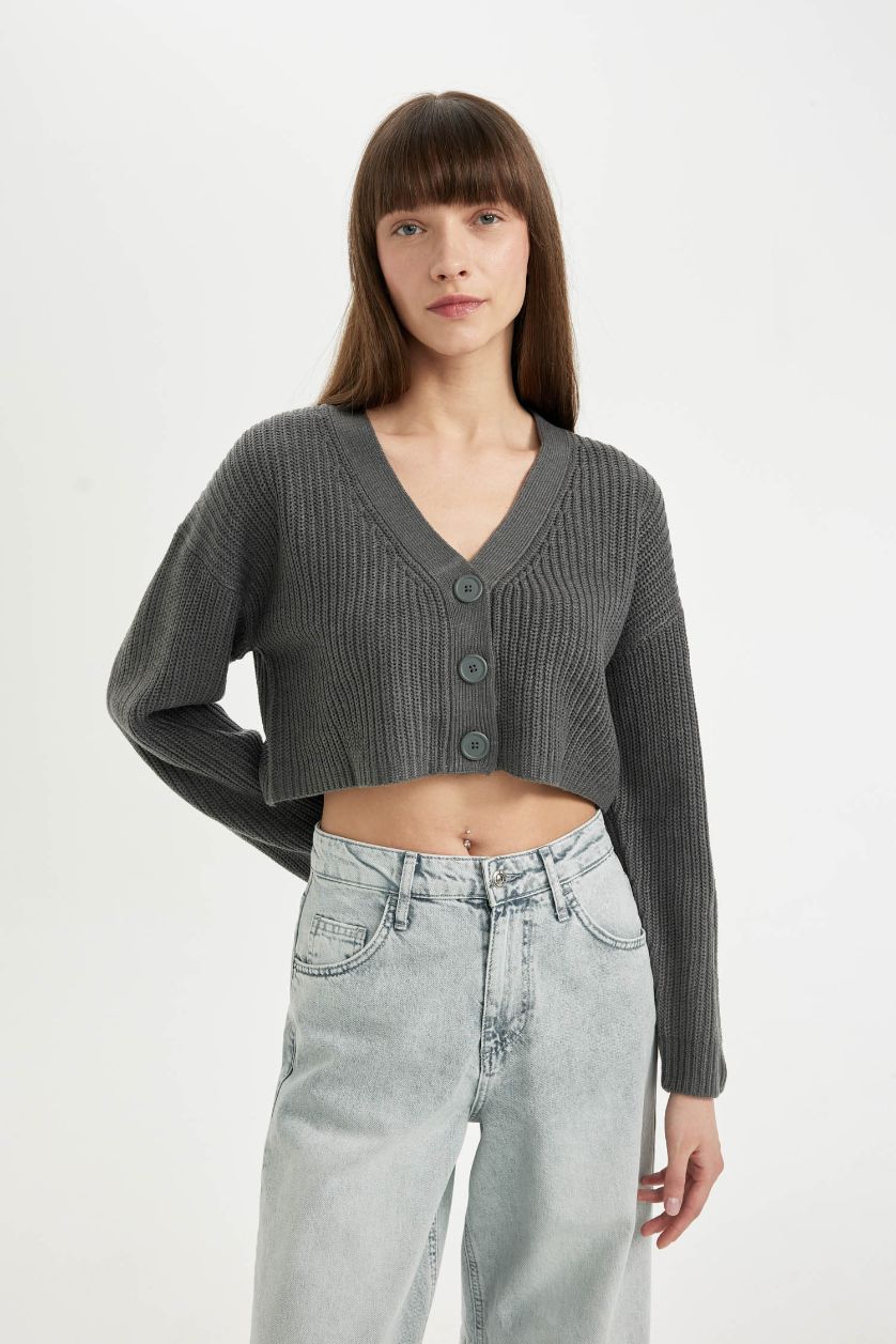 FEMME Gris Clair Cardigan en tricot Basique à col en V et boutons Coupe régulière
