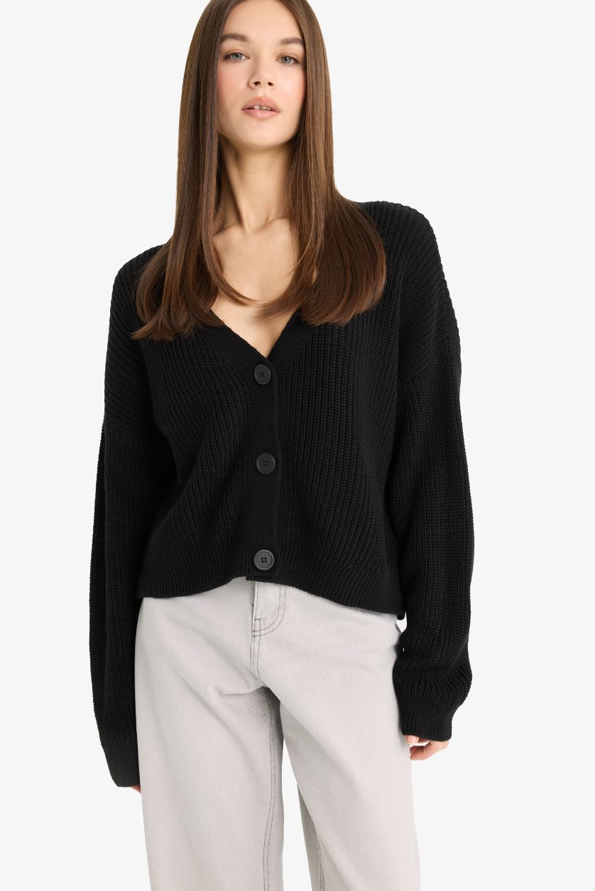 WOMAN Black Regular Fit V-Neck Buttoned Knitwear Cardigan