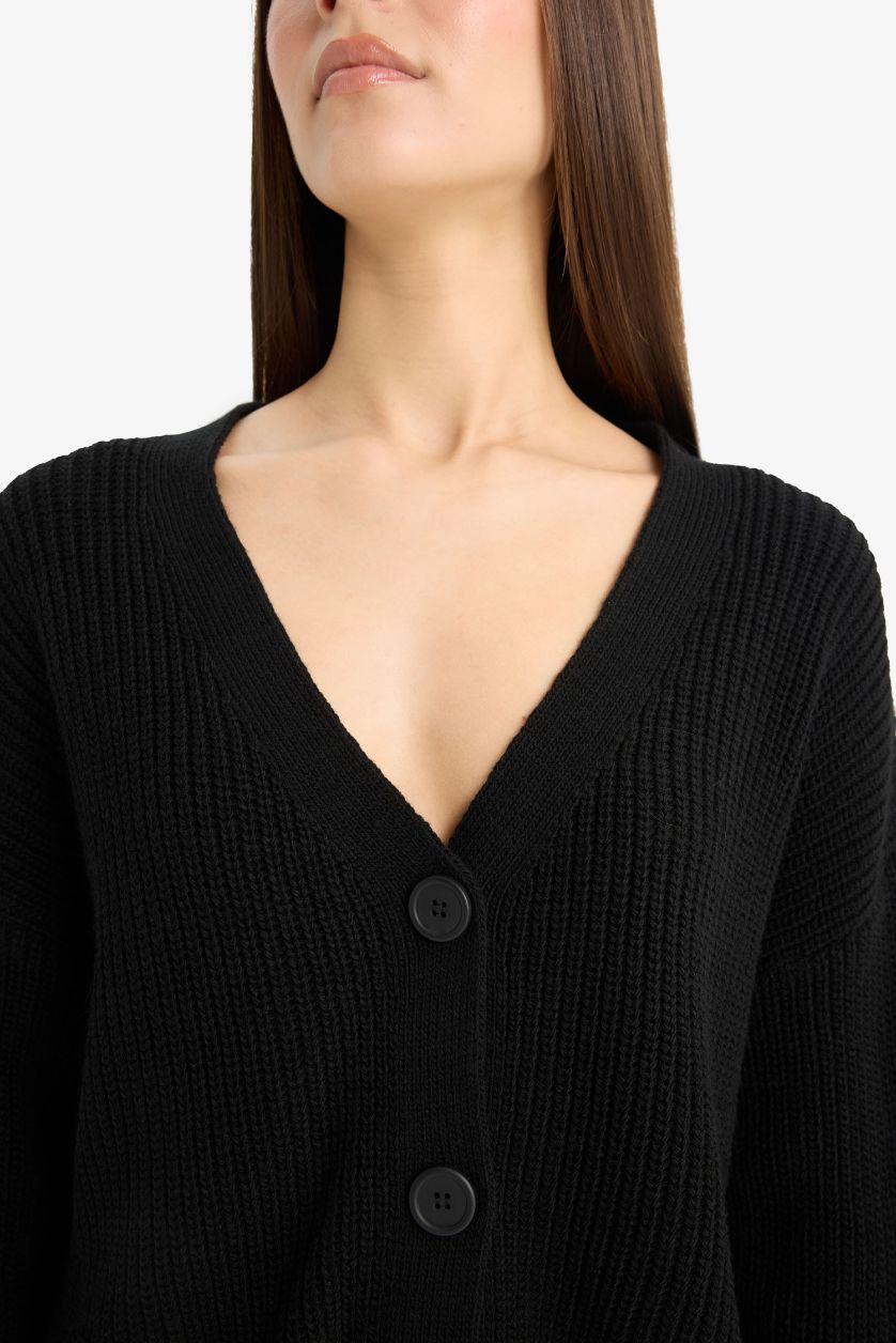 WOMAN Black Regular Fit V-Neck Buttoned Knitwear Cardigan