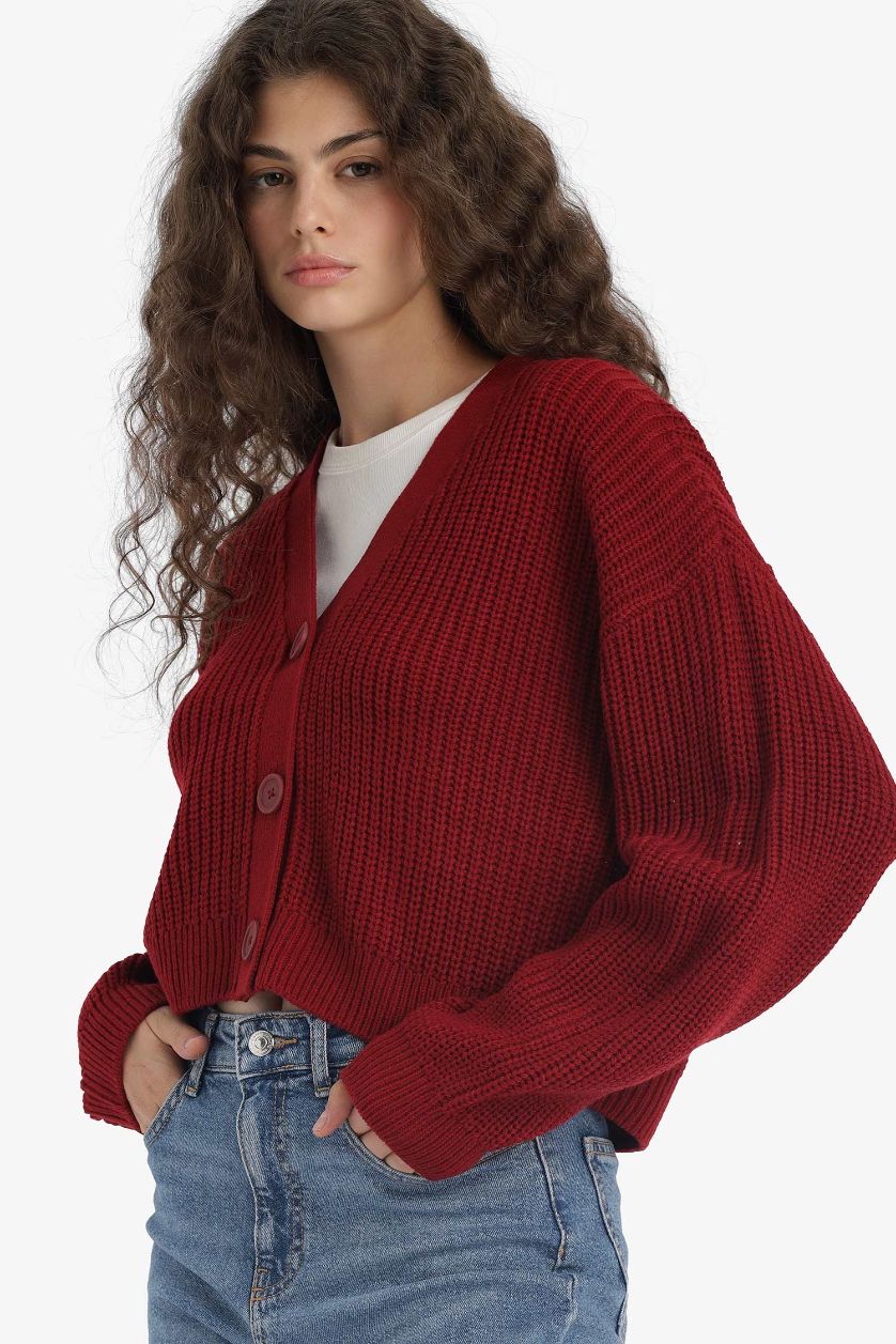 Woman Bordeaux Regular Fit V-Neck Knit Cardigan