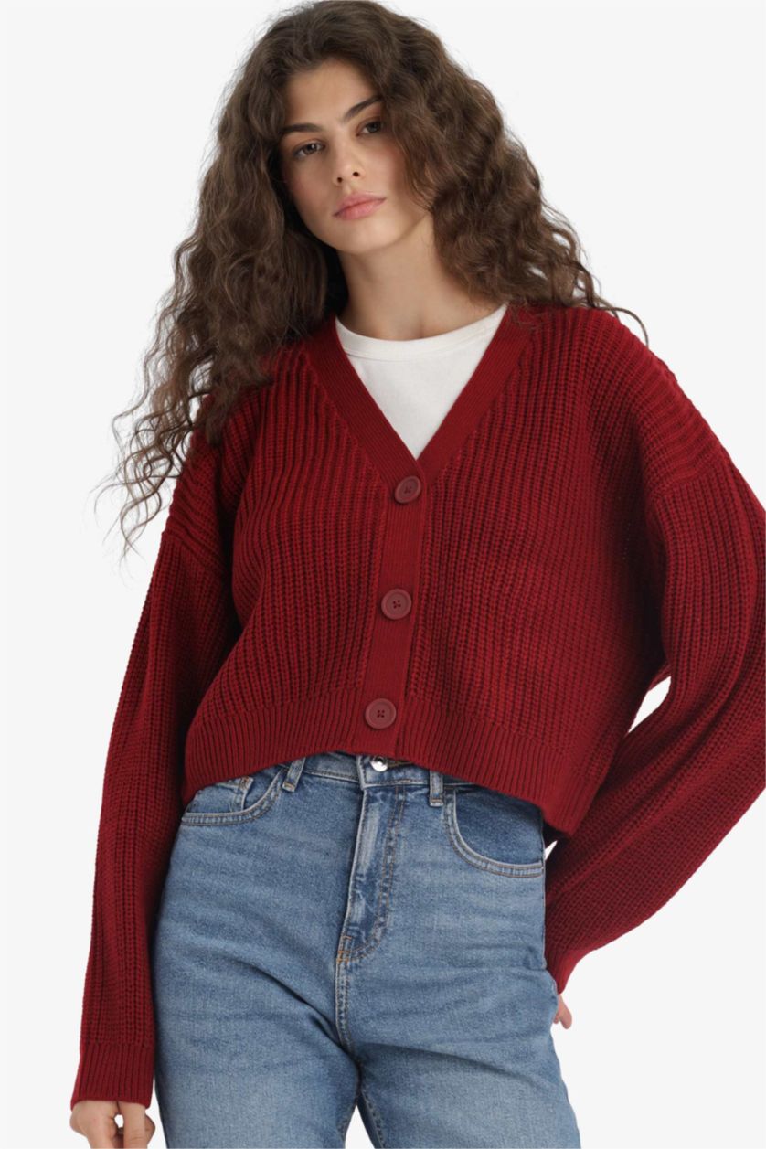 Woman Bordeaux Regular Fit V-Neck Knit Cardigan