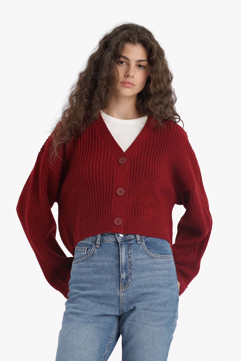 Woman Bordeaux Regular Fit V-Neck Knit Cardigan