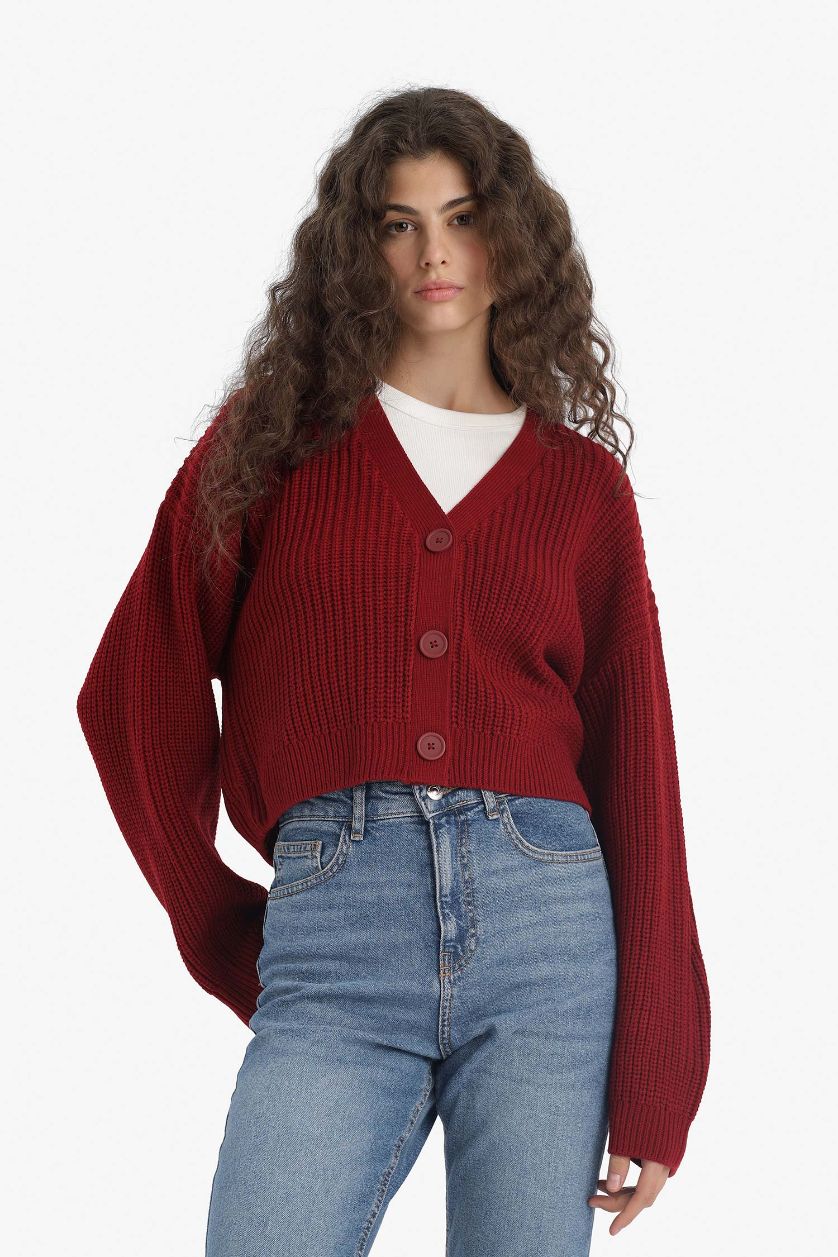 Woman Bordeaux Regular Fit V-Neck Knit Cardigan